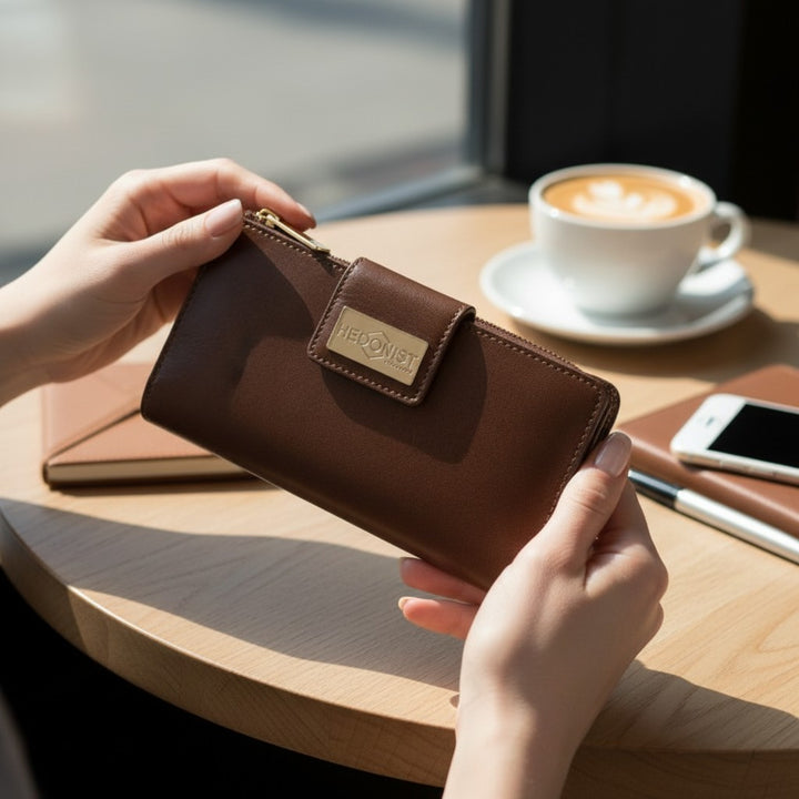 Woman holding the brown leather travel wallet with coffee and phone on a table