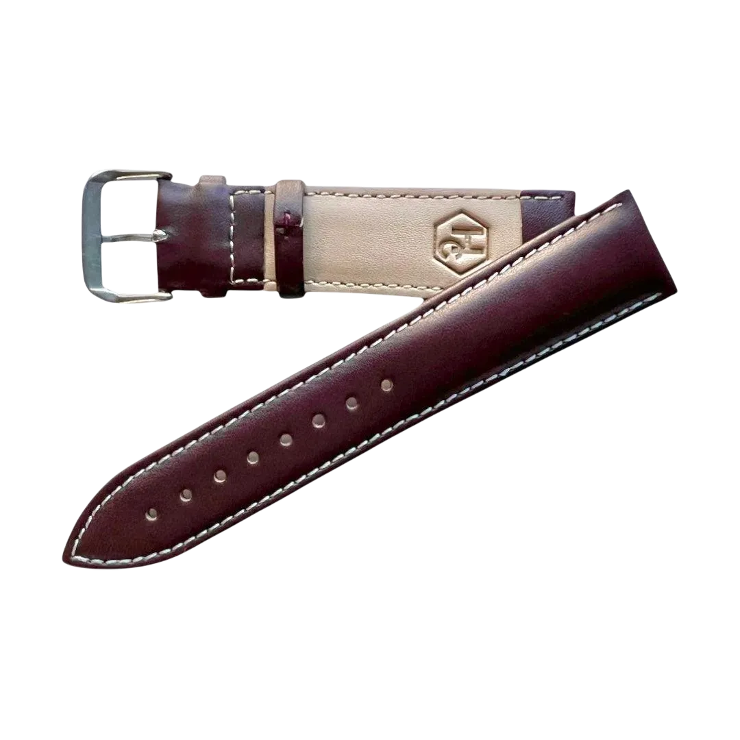 Brown top-grain leather watch band, buckle detail close-up
