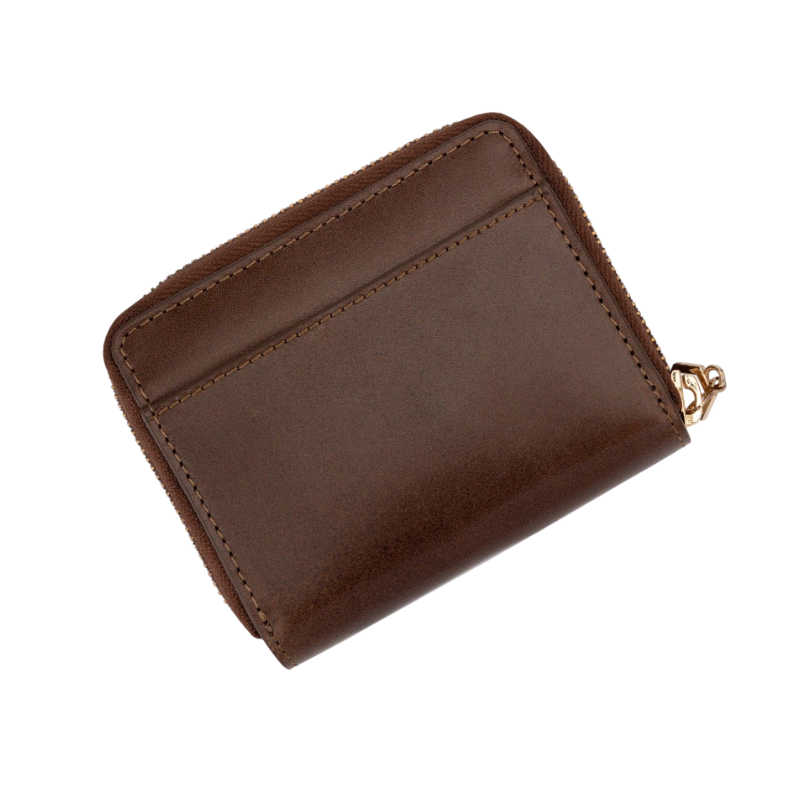 Small brown leather zip-around wallet for women, back slip pocket detail