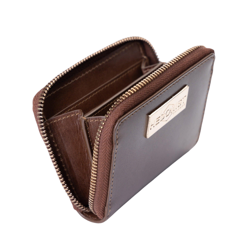 Small brown leather zip-around wallet for women, interior card slots detail