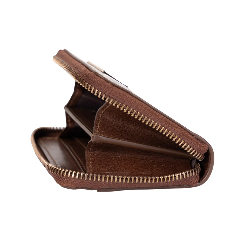 Small brown leather zip-around wallet for women by Hedonist Chicago