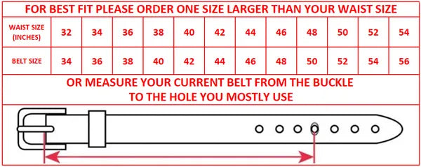 Brown pin and clip leather belt strap, 1.55 inch, sizing guide chart
