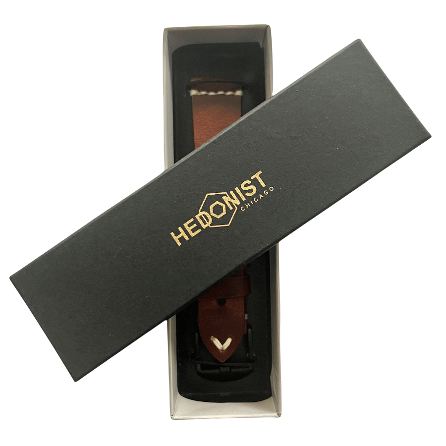Brown pull-up leather Apple Watch band, side view