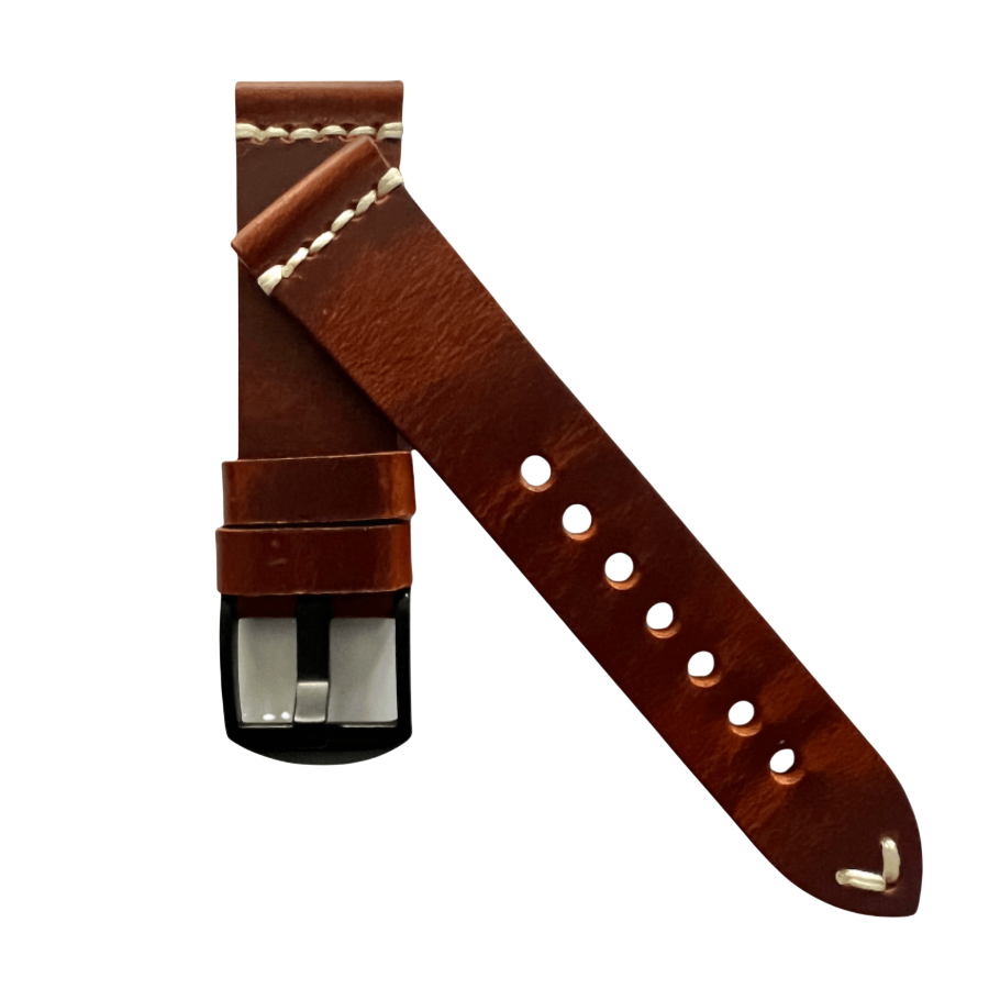 Brown pull-up leather Apple Watch band, close-up view