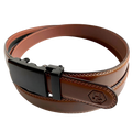Brown stitched-edge leather dress ratchet belt, buckle detail close-up