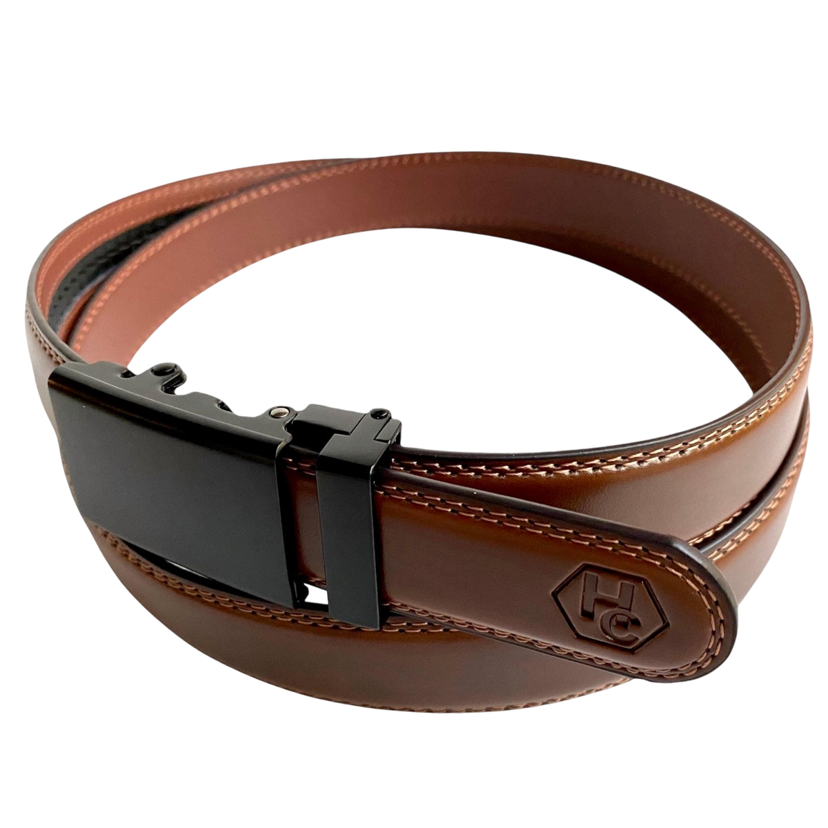 Brown stitched-edge leather dress ratchet belt, buckle detail close-up