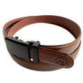 Brown stitched-edge leather dress ratchet belt, buckle detail close-up