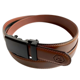 Brown stitched-edge leather dress ratchet belt, buckle detail close-up