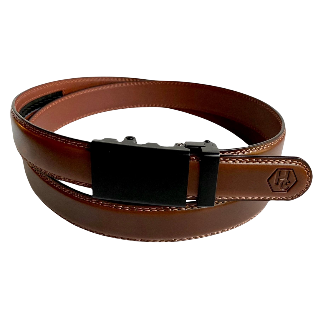 Brown stitched-edge leather dress ratchet belt, front view