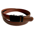 Brown stitched-edge leather dress ratchet belt, front view