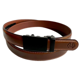 Brown stitched-edge leather dress ratchet belt, front view