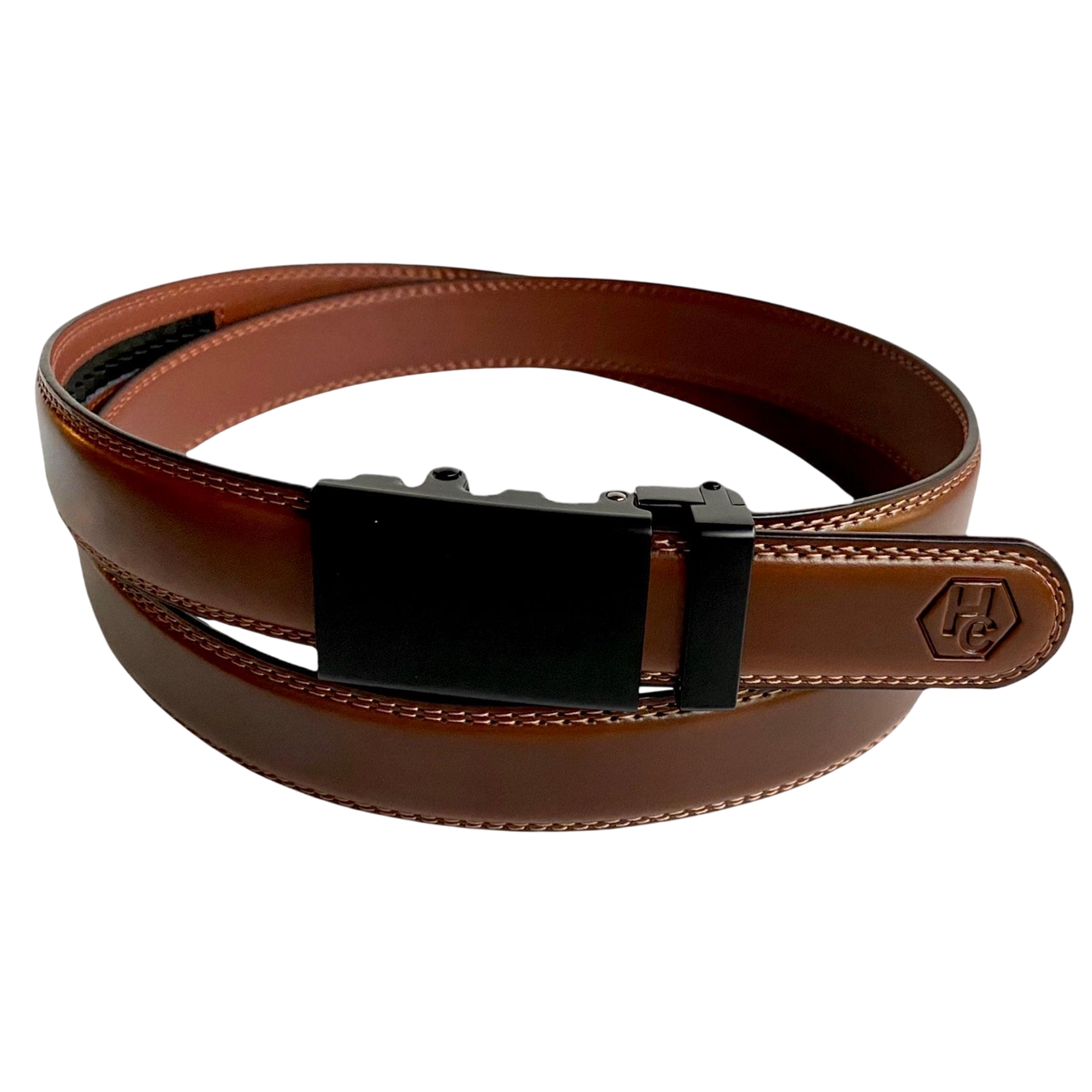 Brown stitched-edge leather dress ratchet belt, front view