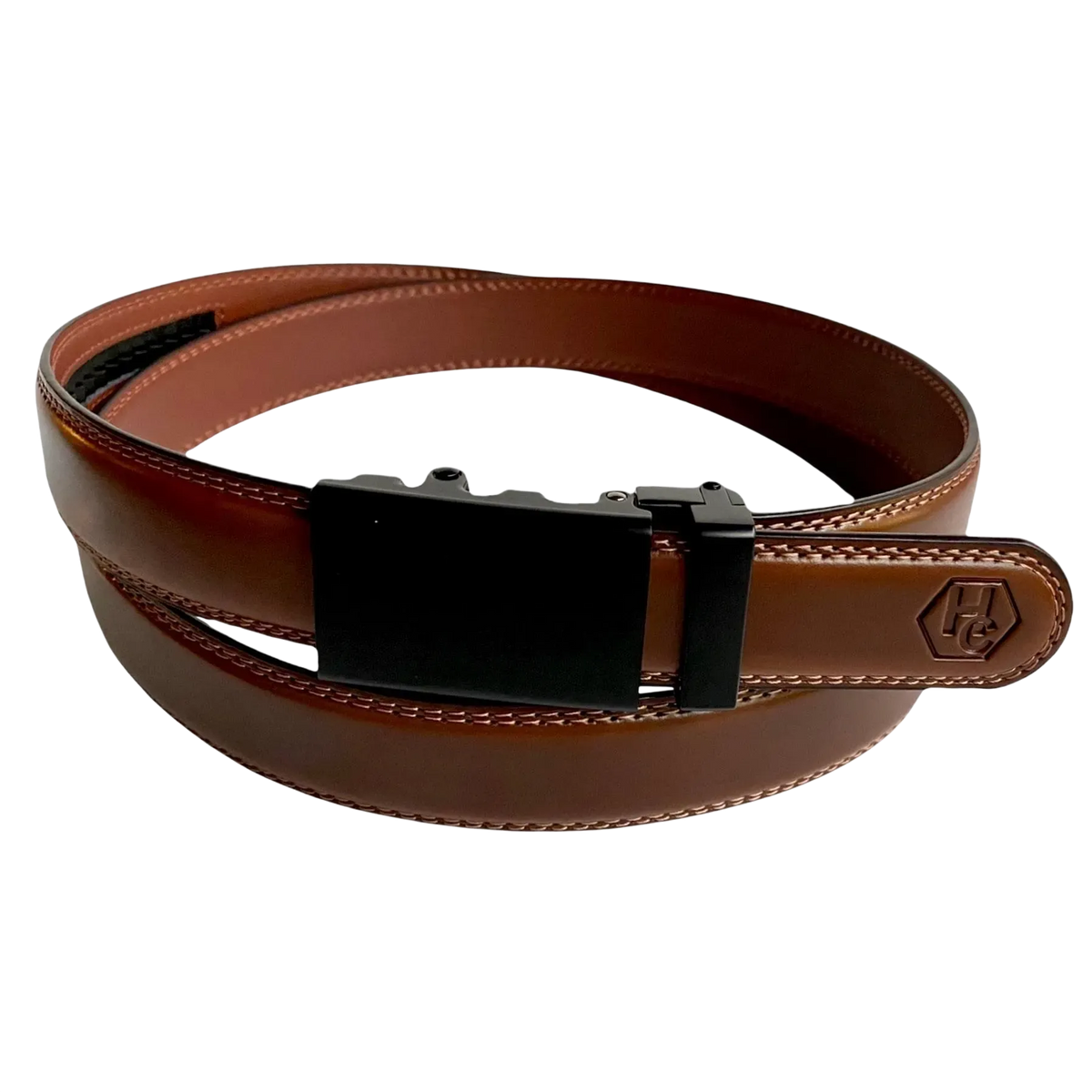 Brown stitched-edge leather dress ratchet belt, front view