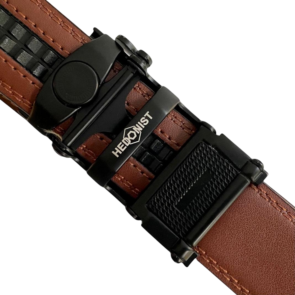 Brown stitched-edge leather dress ratchet belt, close-up of edge stitching