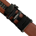 Brown stitched-edge leather dress ratchet belt, close-up of edge stitching