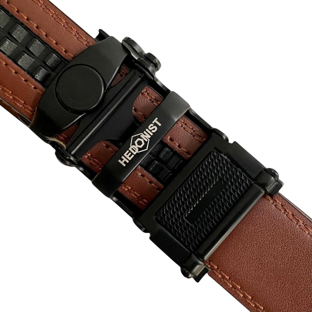 Brown stitched-edge leather dress ratchet belt, close-up of edge stitching
