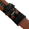 Brown stitched-edge leather dress ratchet belt, close-up of edge stitching