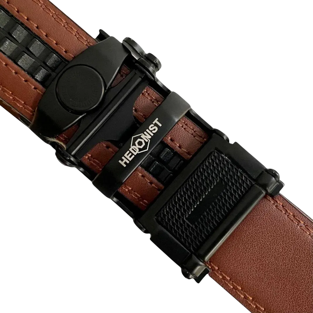 Brown stitched-edge leather dress ratchet belt, close-up of edge stitching