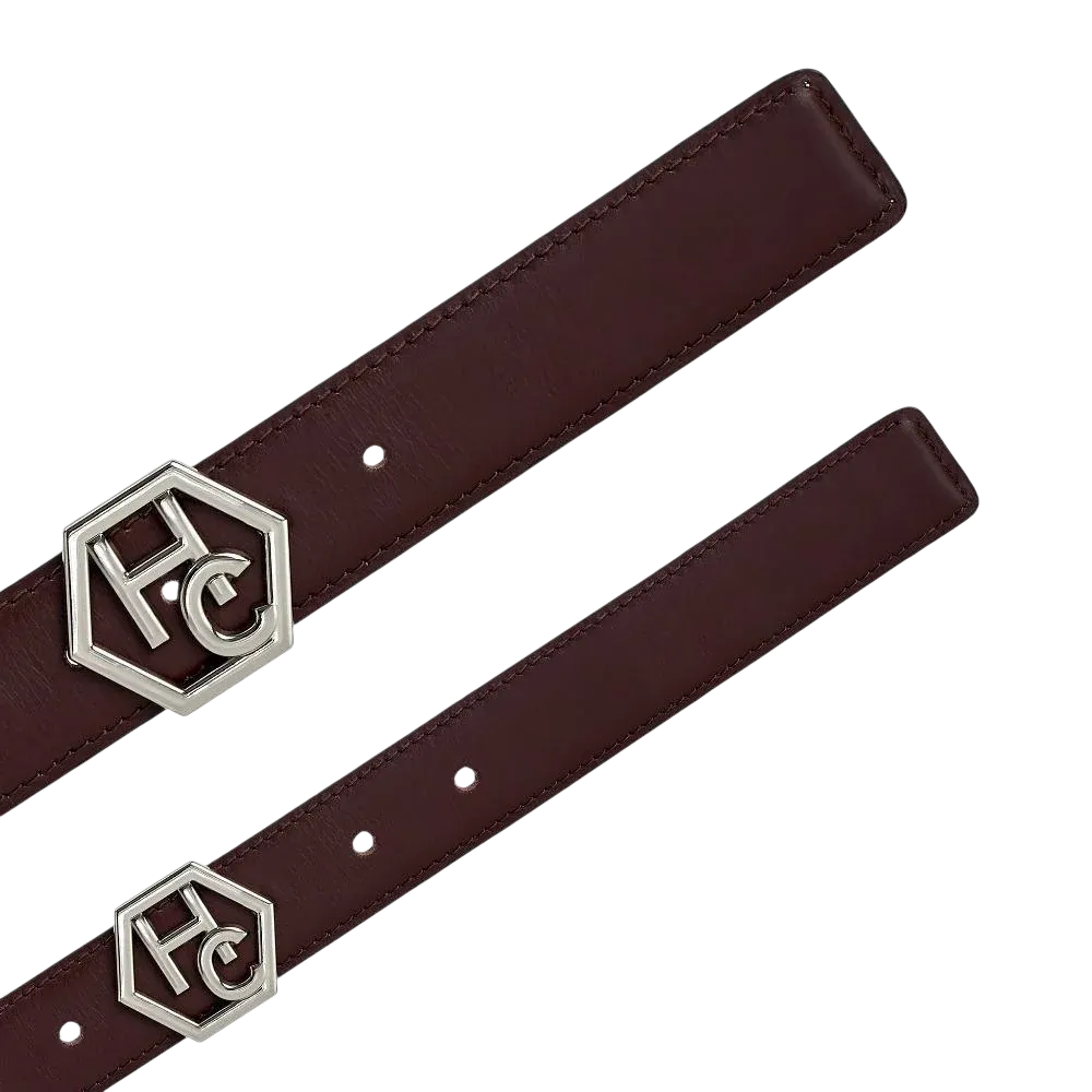 Hedonist Chicago signature buckle close-up on women's reversible design leather belt - brown (1"/1.3", reversible with white)