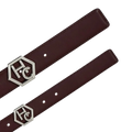 Hedonist Chicago signature buckle close-up on women's reversible design leather belt - brown (1"/1.3", reversible with white)