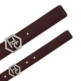 Hedonist Chicago signature buckle close-up on women's reversible design leather belt - brown (1"/1.3", reversible with white)
