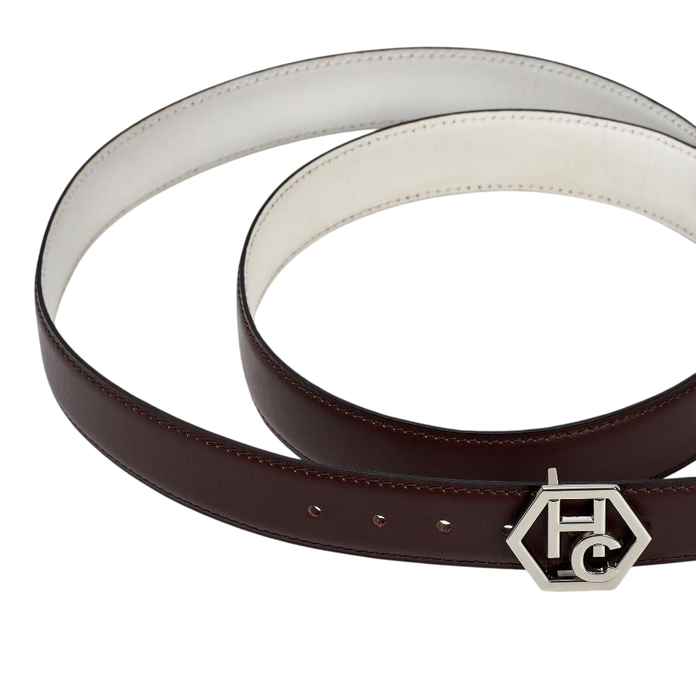 Edge stitching detail on women's reversible design leather belt - brown - Hedonist Chicago (1"/1.3", reversible with white)