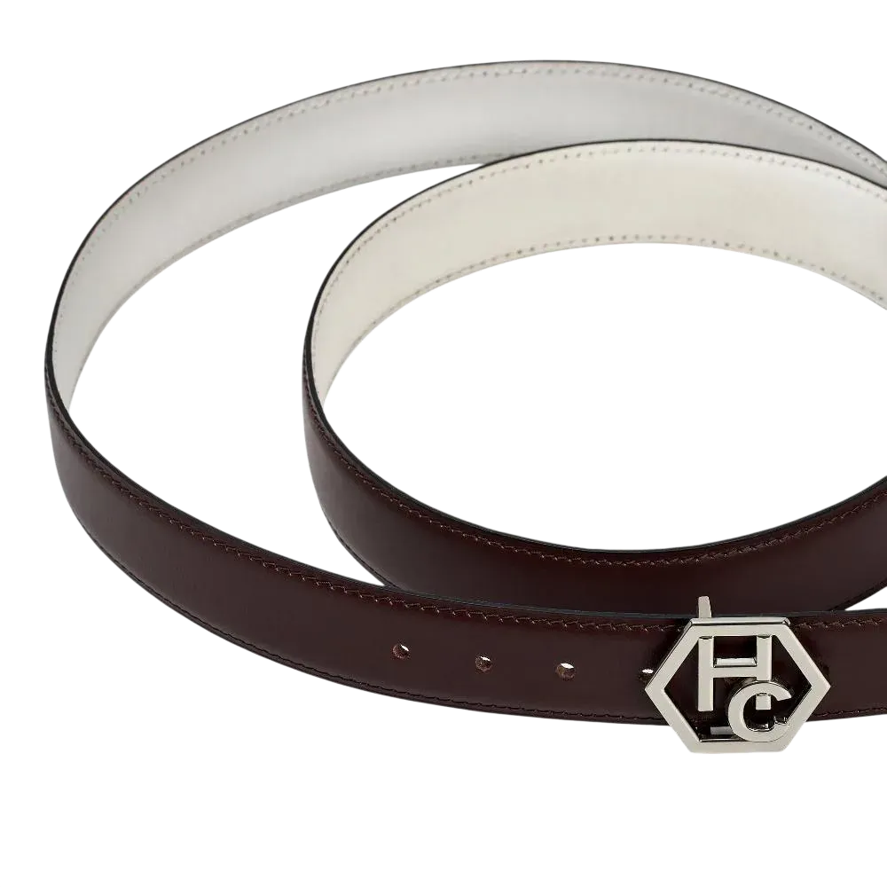 Edge finish detail on women's reversible design leather belt - brown - Hedonist Chicago (1"/1.3", reversible with white)