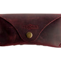 Soft Leather Eye Glasses Case in Burgundy, closed, front view with embossed Hedonist logo and snap closure
