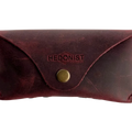 Soft Leather Eye Glasses Case in Burgundy, closed, front view with embossed Hedonist logo and snap closure