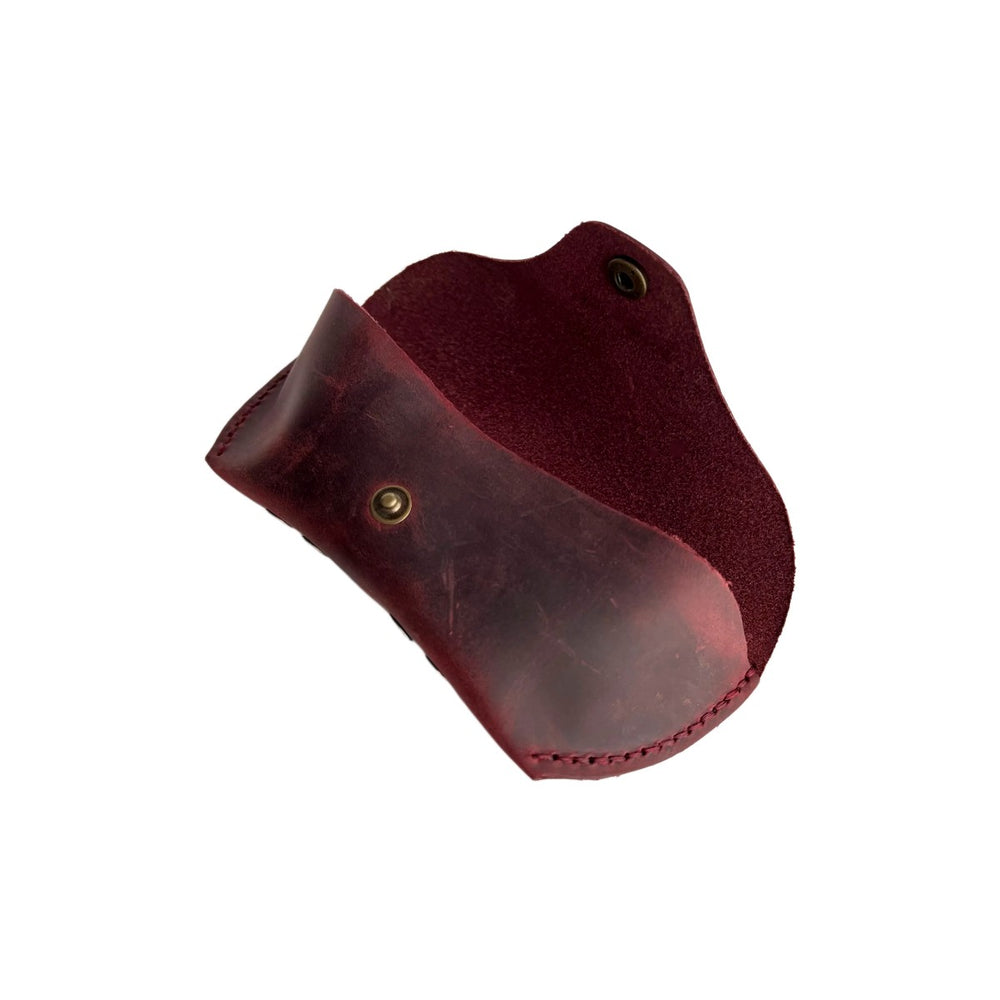 Soft Leather Eye Glasses Case in Burgundy, open, angled top view showing interior