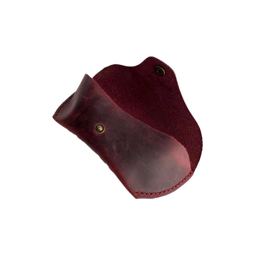 Soft Leather Eye Glasses Case in Burgundy, open, angled top view showing interior