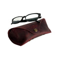 Soft Leather Eye Glasses Case in Burgundy with black-framed eyeglasses resting on top