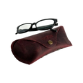 Soft Leather Eye Glasses Case in Burgundy with black-framed eyeglasses resting on top