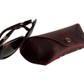 Soft Leather Eye Glasses Case in Burgundy with tortoiseshell sunglasses beside it