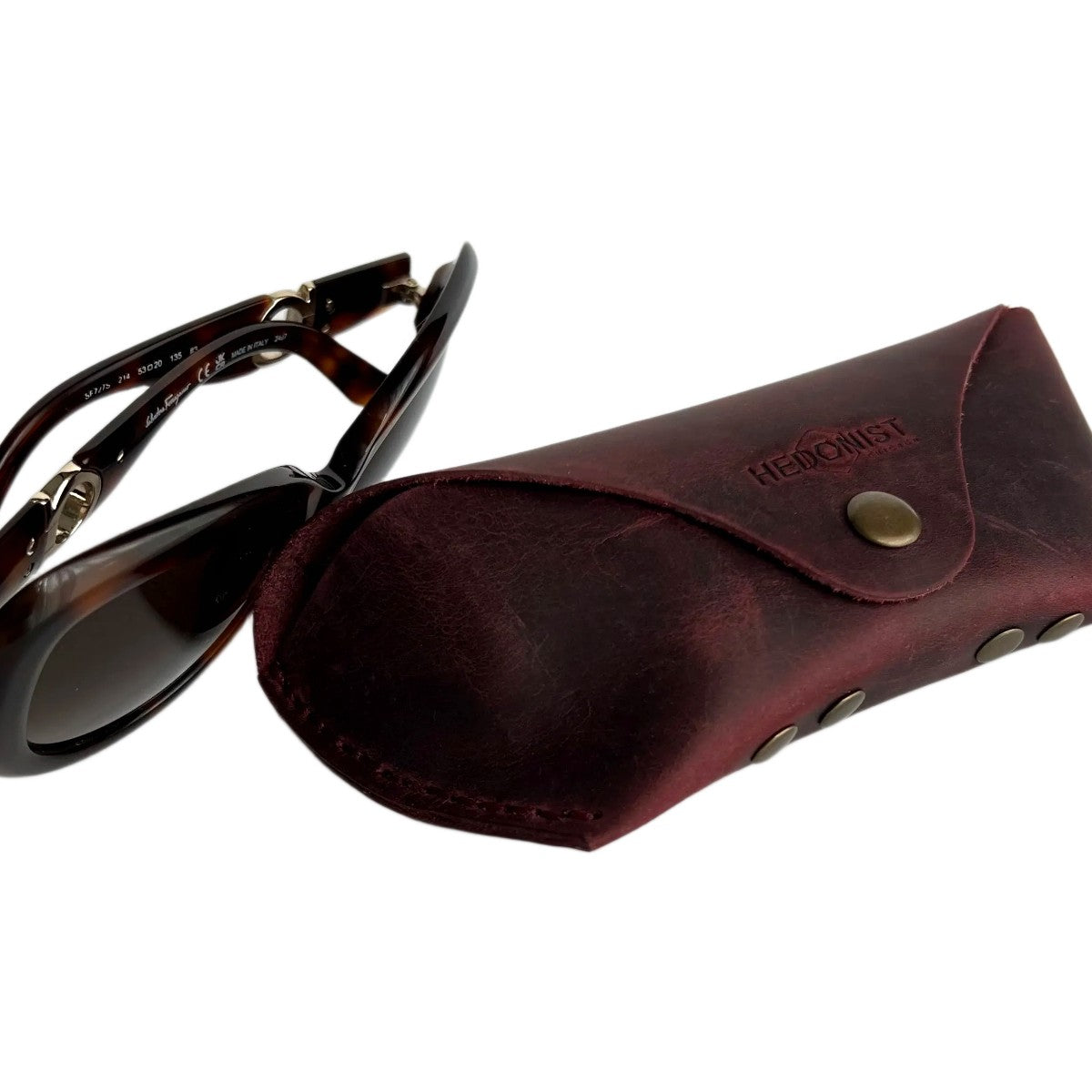 Soft Leather Eye Glasses Case in Burgundy with tortoiseshell sunglasses beside it