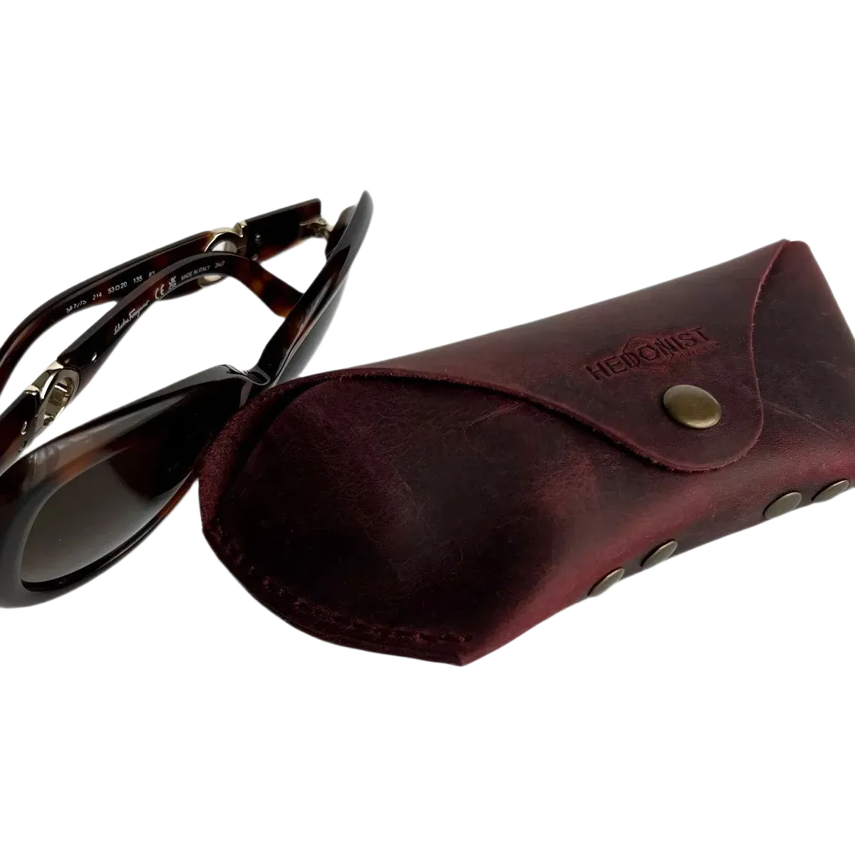 Soft Leather Eye Glasses Case in Burgundy with tortoiseshell sunglasses beside it