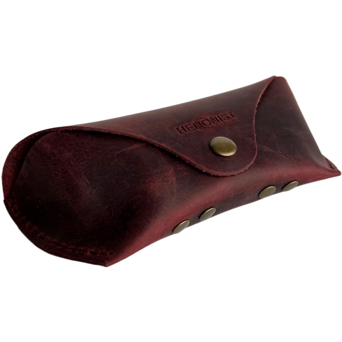 Soft Leather Eye Glasses Case in Burgundy, angled view showing stitched edge