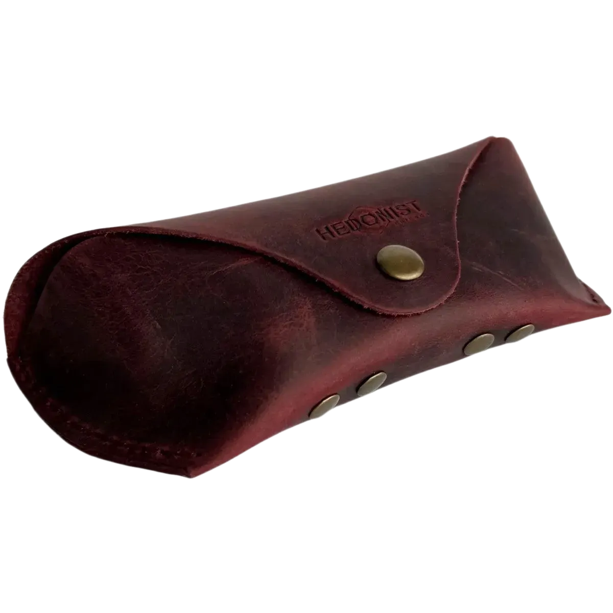Soft Leather Eye Glasses Case in Burgundy, angled view showing stitched edge