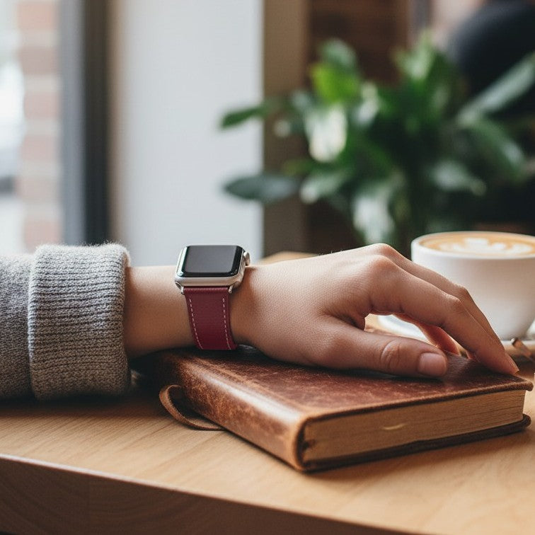 Hand with an Apple watch on a wooden surface next to a book and a cup of coffee.