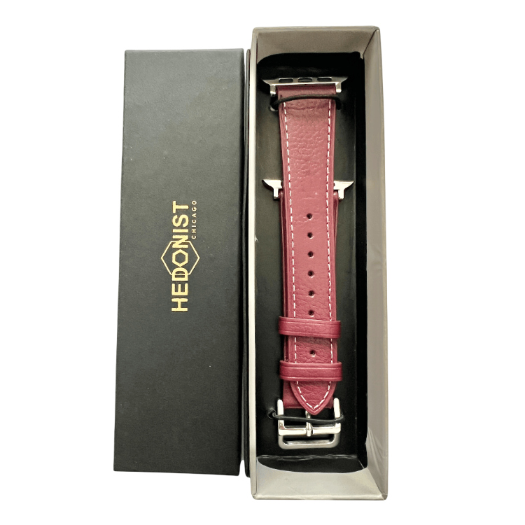Burgundy leather Apple Watch band, packaging close-up