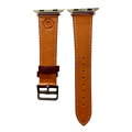 Burgundy leather Apple Watch band, side view with stainless steel lugs