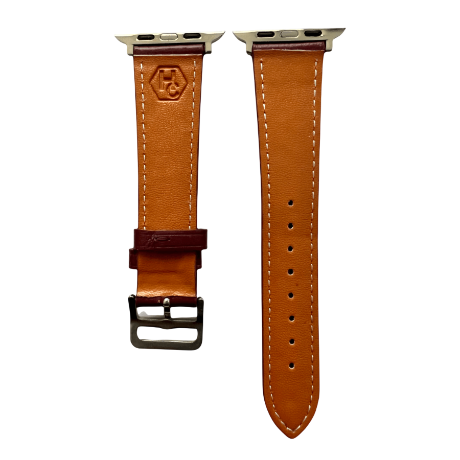Burgundy leather Apple Watch band, side view with stainless steel lugs
