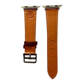 Burgundy leather Apple Watch band, side view with stainless steel lugs