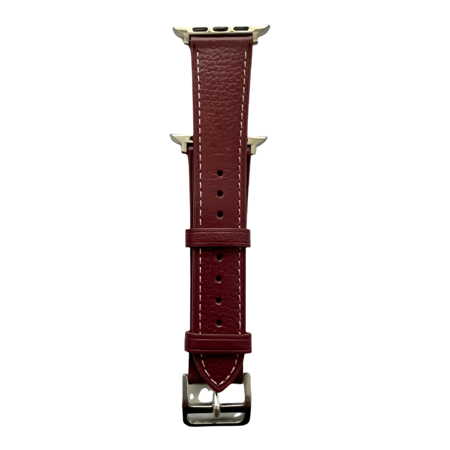 Burgundy leather Apple Watch band, connector and stitching detail