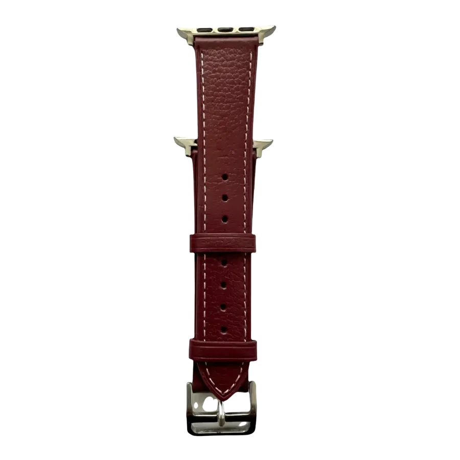 Burgundy leather Apple Watch band, connector and stitching detail
