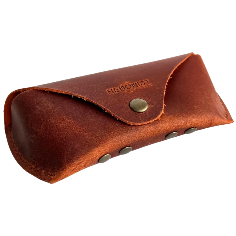 Soft Leather Eye Glasses Case in Cognac, angled view showing stitched edge and rivets