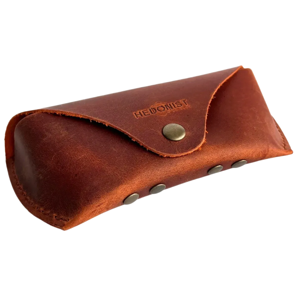 Soft Leather Eye Glasses Case in Cognac, angled view showing stitched edge and rivets