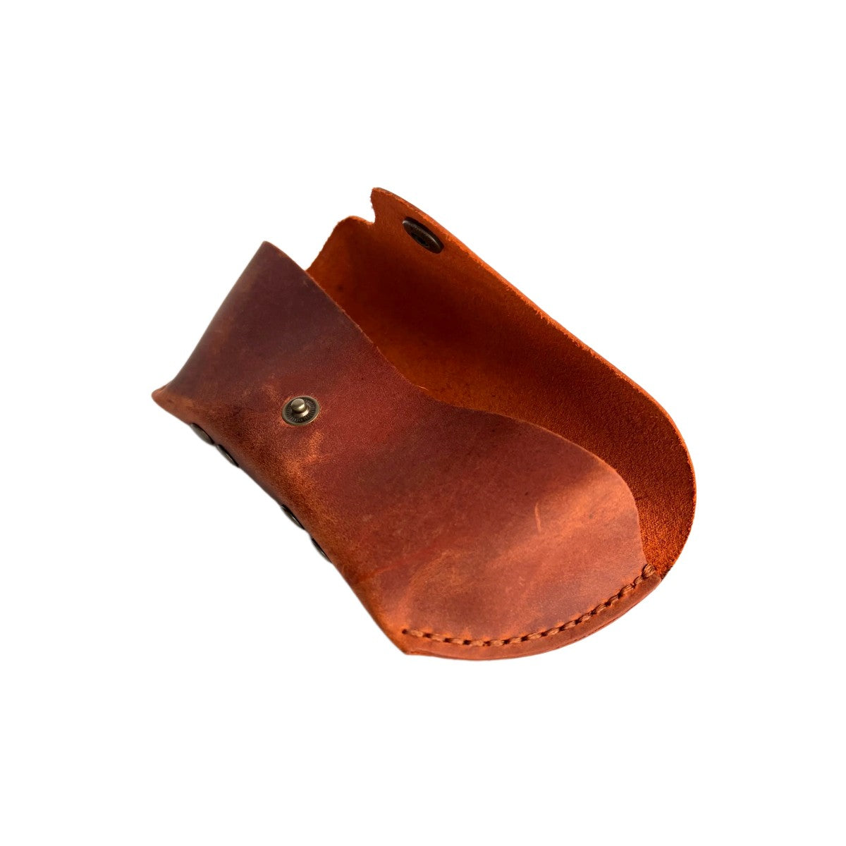 Soft Leather Eye Glasses Case in Cognac, open, angled top view showing interior