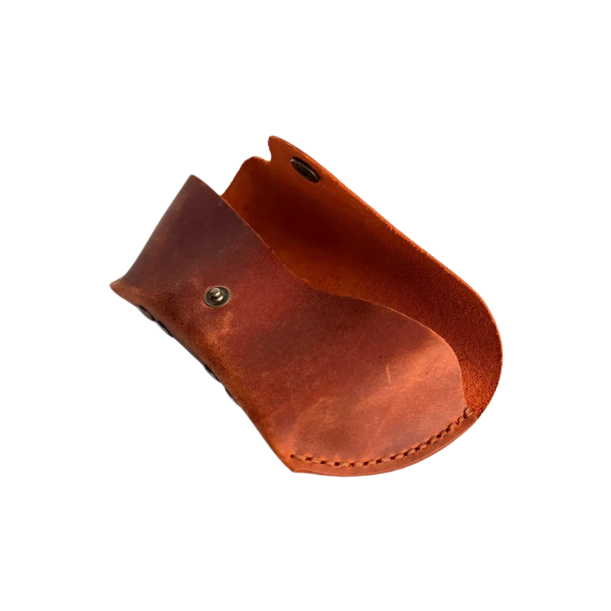 Soft Leather Eye Glasses Case in Cognac, open, angled top view showing interior