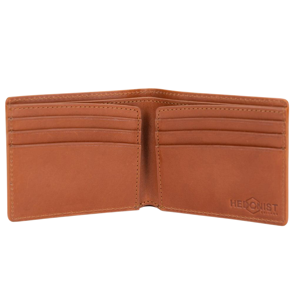 Cognac tan croco leather bifold and traveler wallet set angled view by Hedonist Chicago